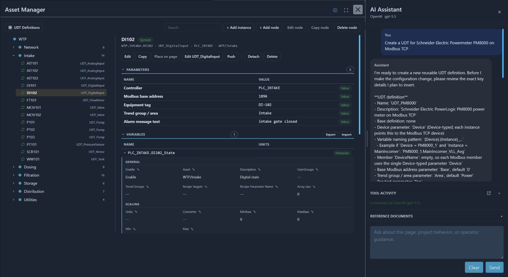 ENVISION Asset Manager with the AI Assistant creating a UDT for a Schneider Electric power meter on Modbus TCP