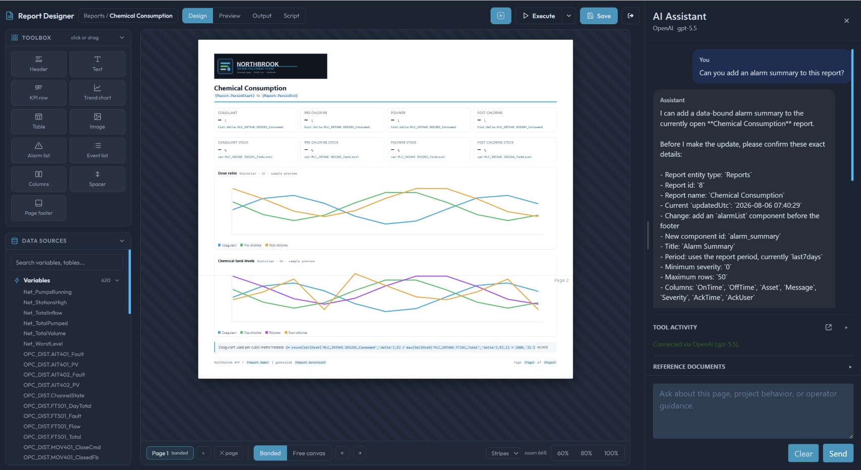 ENVISION Report Designer with the AI Assistant adding an alarm summary to a chemical consumption report