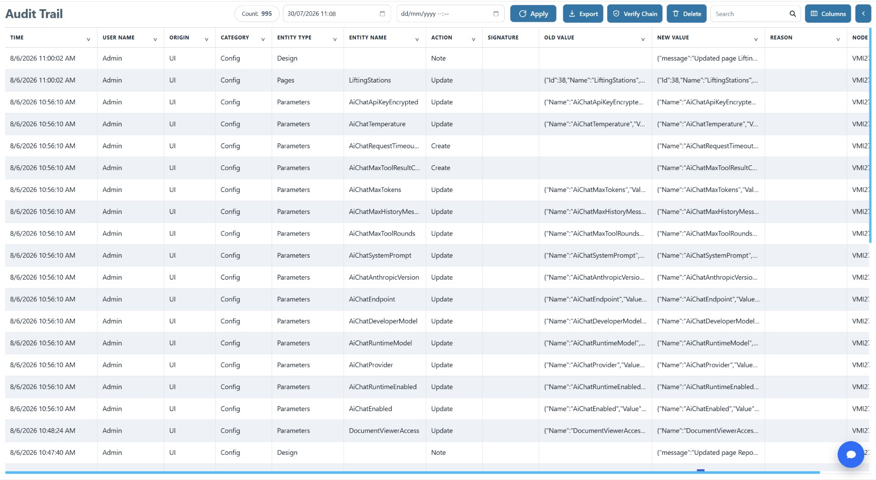 EnvisionSCADA audit trail listing configuration changes with old and new values and chain verification