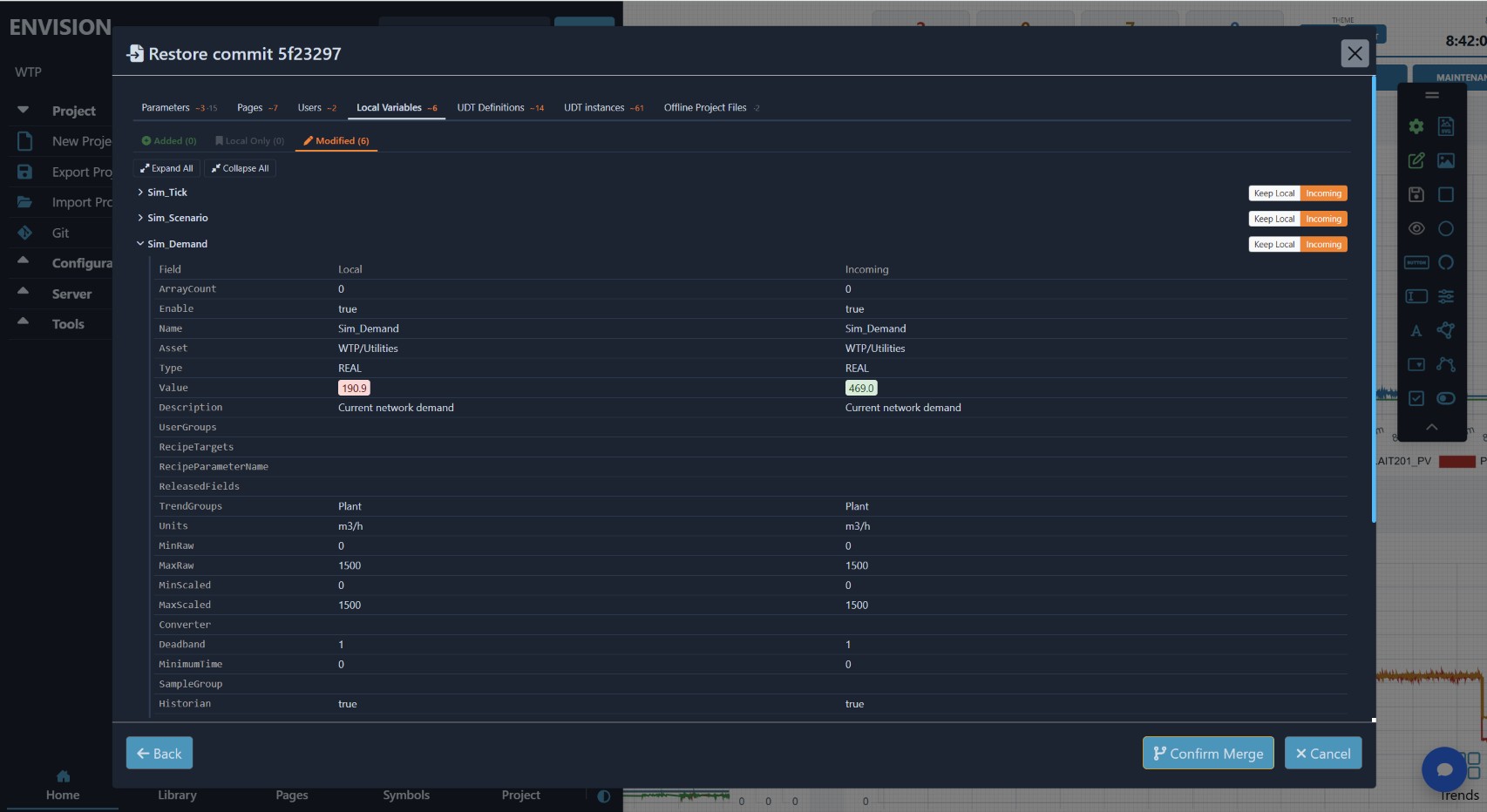 ENVISION commit restore view showing a field-level merge of local variables with keep local and incoming choices