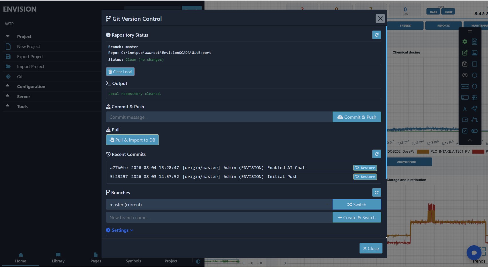ENVISION Git Version Control dialog with repository status, commit and push, recent commits and branch switching